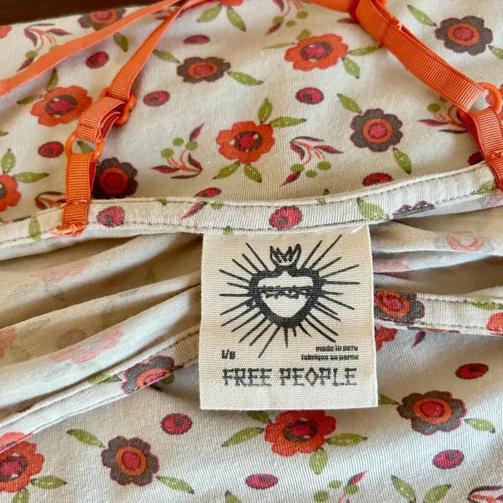 Free People Beige Strappy Camisole Crop Top with Red Roses L Bonus Bag